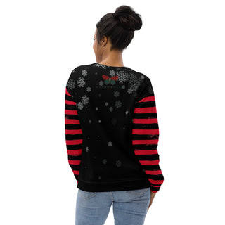 bury christmas with santa coffin and striped arms sweatshirt on female model