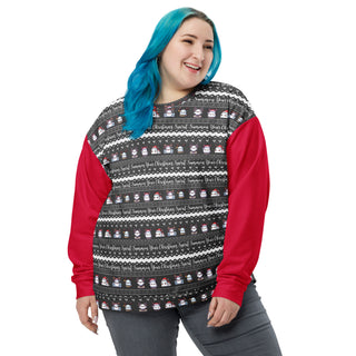 blue haired female with goth christmas spirit ghost sweatshirt