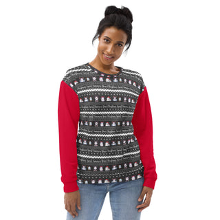 brunette female with goth christmas spirit ghost sweatshirt