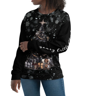 scary creepy christmas tree goth sweatshirt on female model arm view
