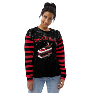bury christmas with santa coffin and striped arms sweatshirt on female model