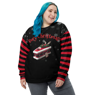 bury christmas with santa coffin and striped arms sweatshirt on female model