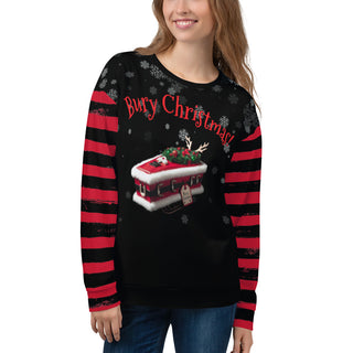 bury christmas with santa coffin and striped arms sweatshirt on female model
