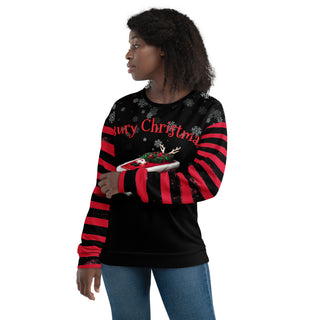 bury christmas with santa coffin and striped arms sweatshirt on female model