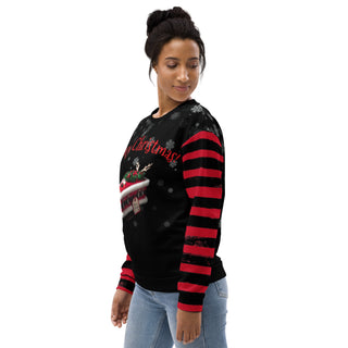 bury christmas with santa coffin and striped arms sweatshirt on female model