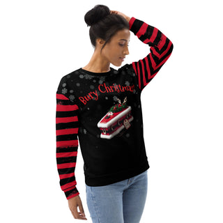 bury christmas with santa coffin and striped arms sweatshirt on female model