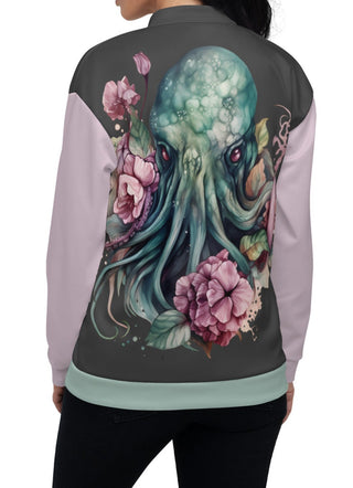 octopus cthulhu flower bomber jacket on female model back view