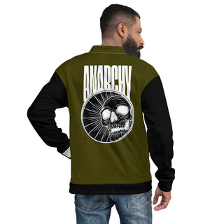  unisex bomber jacket with a skull and anarchy on male model