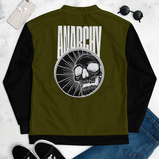 flat view of unisex bomber jacket with a skull and anarchy on the back