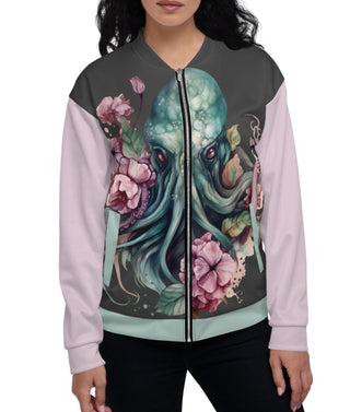 octopus cthulhu flower bomber jacket on female model