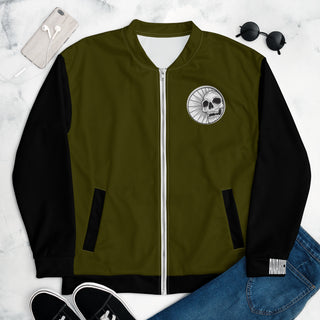 flat view of unisex bomber jacket with a skull and anarchy on the back