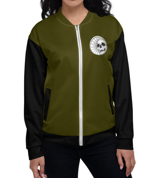  unisex bomber jacket with a skull and anarchy on female model