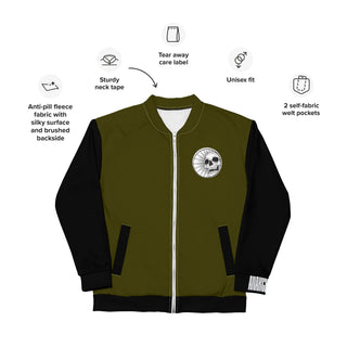  unisex bomber jacket with a skull and anarchy flat view with feature labels