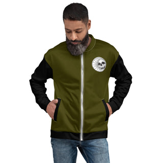  unisex bomber jacket with a skull and anarchy on male model