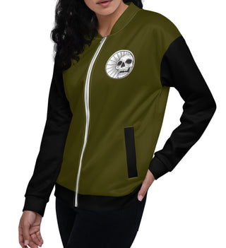  unisex bomber jacket with a skull and anarchy on female model
