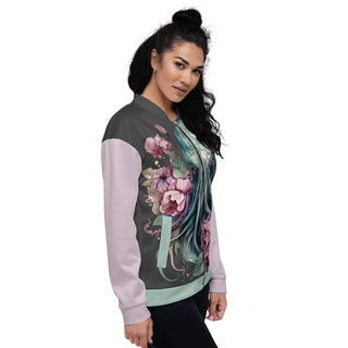 octopus cthulhu flower bomber jacket on female model side view