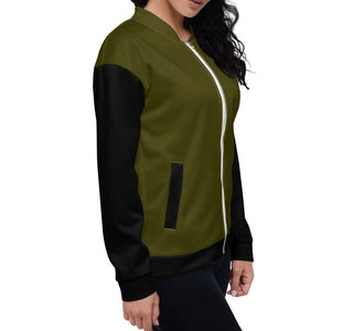  unisex bomber jacket with a skull and anarchy on female model
