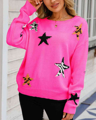 Star Pattern Round Neck Dropped Shoulder Sweater